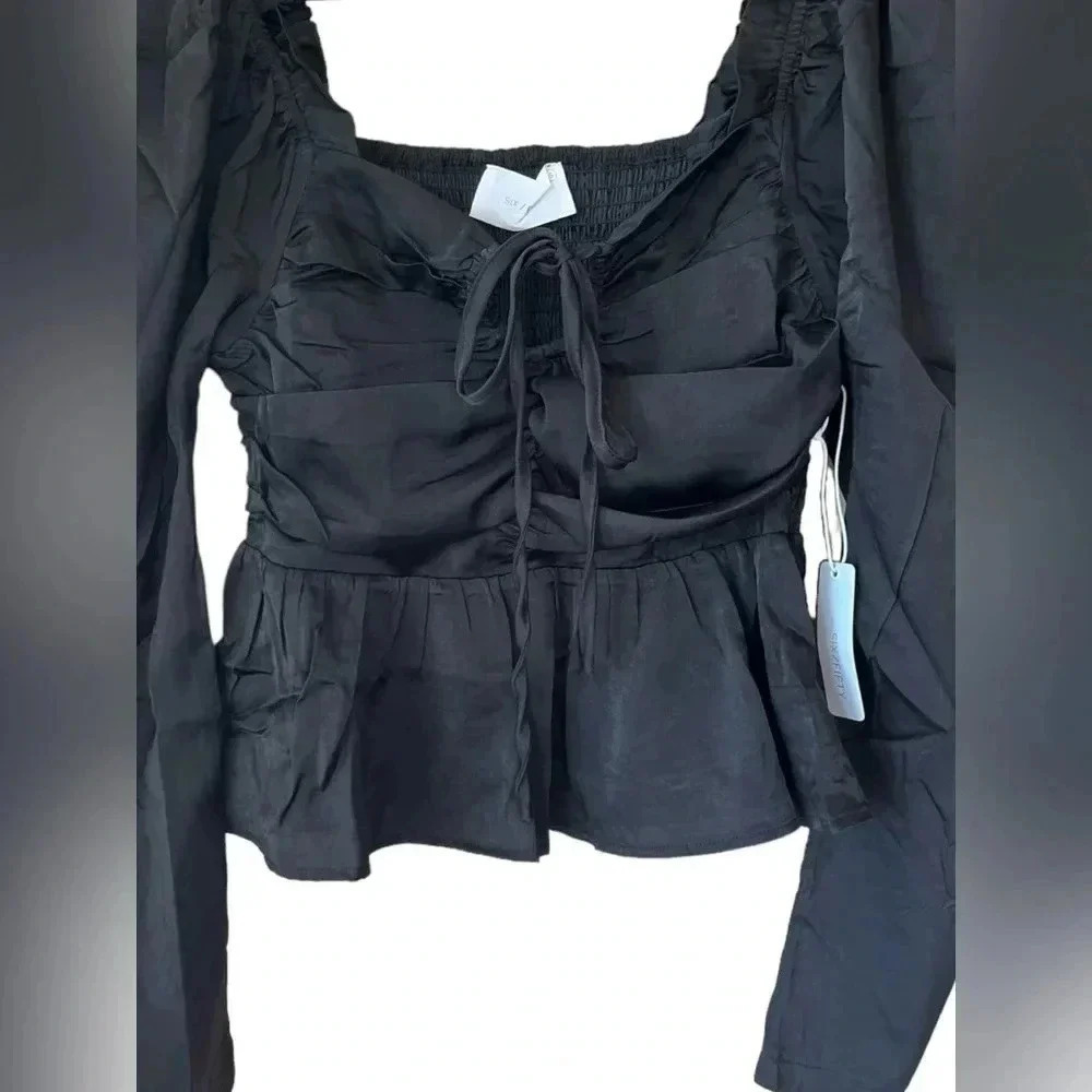 Six/Fifty Women's The Rudy Long Sleeve Ruched Peplum Blouse Top Size Small - Picture 2 of 8